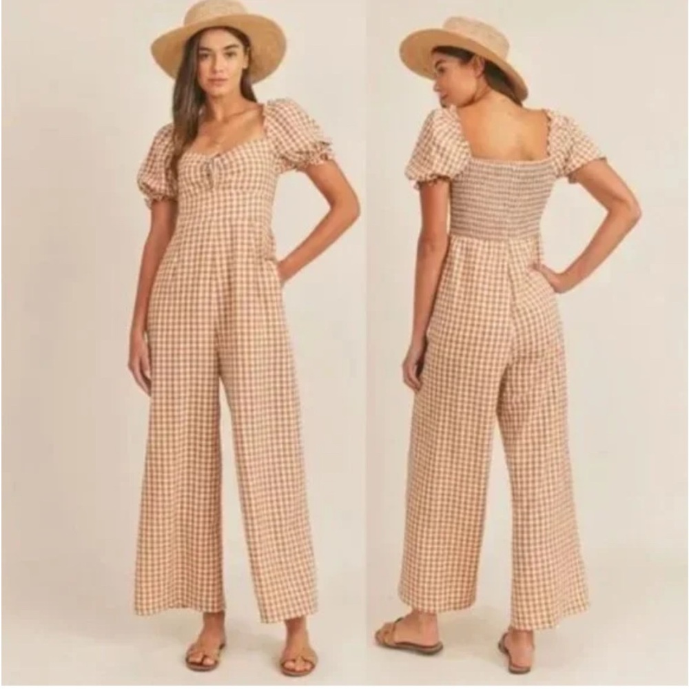 Mable Gingham Smocked Ribbed Wide Leg Maxi Jumpsuit size  S